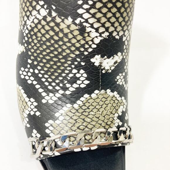 Snake embossed peep toe mules, womens 7.5 python pattern chain trim chunky heels - Picture 10 of 11